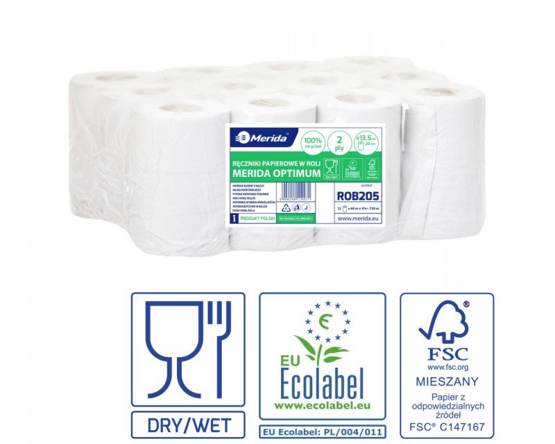 Papírové ručníky v rolích MERIDA OPTIMUM MINI, 2 vrstvé, bílé, délka 60 m, (12rolí/bal)