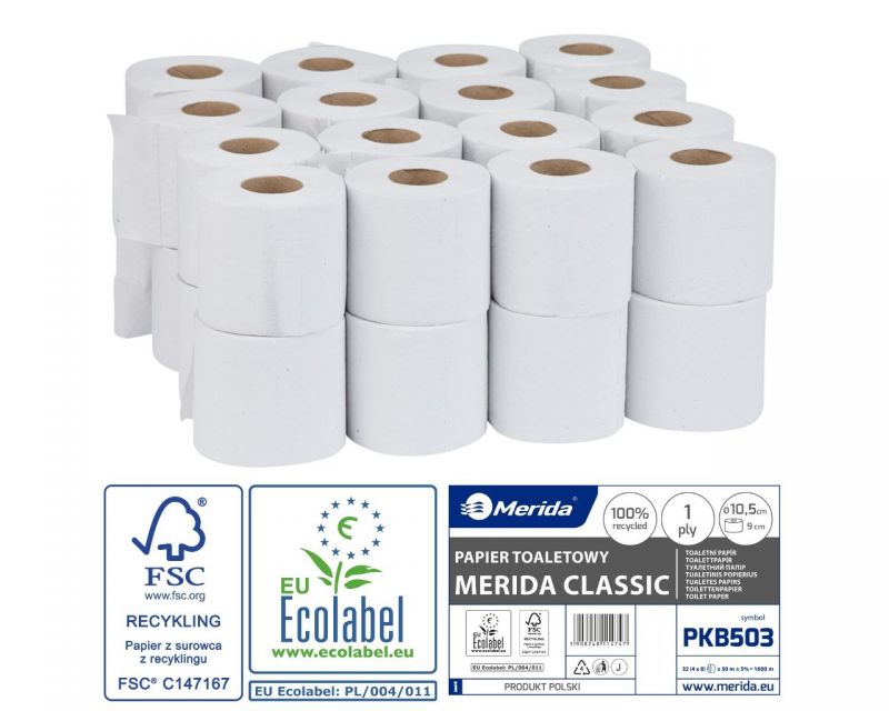 Toaletní papír MERIDA CLASSIC bílý, průměr 11 cm, d. 50 m, 1-vrstvý, 32 rolí/bal