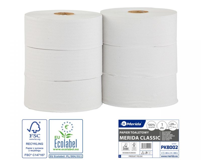 Toaletní papír Merida KLASIK, 28 cm, 480 m, bělost 75% (6rolí/balení)