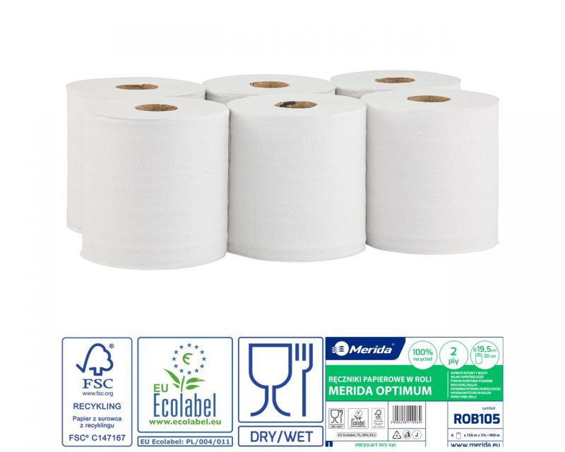 Papírové ručníky v rolích MERIDA OPTIMUM MAXI, 2-vrstvé, bílé, délka 150 m, (6 rolí/bal)