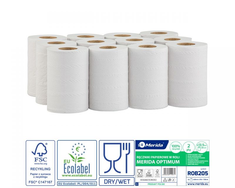Papírové ručníky v rolích MERIDA OPTIMUM MINI, 2-vrstvé, bílé, délka 60 m, (12rolí/bal)