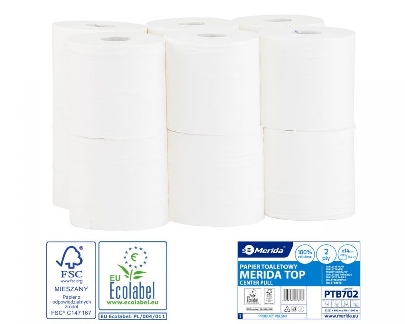 Toaletní papír MERIDA TOP FLEXI bílý, délka 100 m, průměr 14 cm, 2-vrstvý, 12 rolí/bal