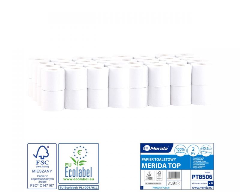 Toaletní papír MERIDA TOP, 100% celulóza, průměr 10,5 cm, d. 27,5 m, 2-vrstvý, 64 rolí/bal