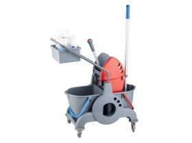 Úklidový vozík MERIDA dvoukbelíkový 2x15L + box 8l, červený ždímač mopu