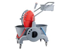 Úklidový vozík MERIDA dvoukbelíkový 2x15L + box 8l, červený ždímač mopu