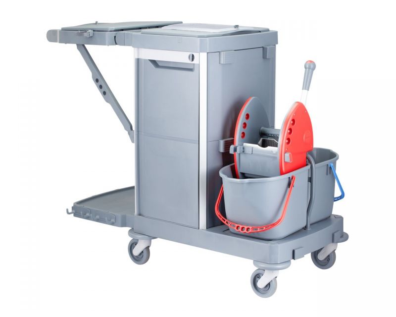 Úklidový servisní vozík MERIDA, 2x15 l dvoukbelíkový systém s červeným ždímačem, 40 l box, 3x7 l věd