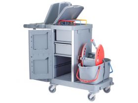 Úklidový servisní vozík MERIDA, 2x15 l dvoukbelíkový systém s červeným ždímačem, 40 l box, 3x7 l věd