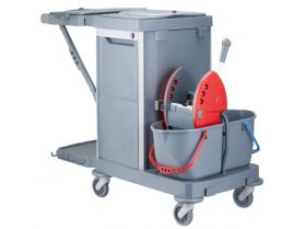 Úklidový servisní vozík MERIDA, 2x15 l dvoukbelíkový systém s červeným ždímačem, 40 l box, 3x7 l věd