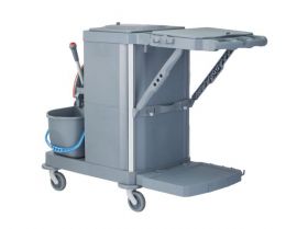 Úklidový servisní vozík MERIDA, 2x15 l dvoukbelíkový systém s červeným ždímačem, 40 l box, 3x7 l věd