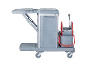 Úklidový servisní vozík MERIDA, 2x15 l dvoukbelíkový systém s červeným ždímačem, 40 l box, 3x7 l věd
