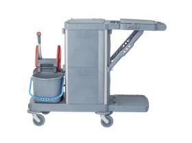 Úklidový servisní vozík MERIDA, 2x15 l dvoukbelíkový systém s červeným ždímačem, 40 l box, 3x7 l věd