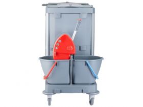 Úklidový servisní vozík MERIDA, 2x15 l dvoukbelíkový systém s červeným ždímačem, 40 l box, 3x7 l věd