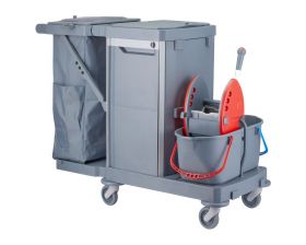 Úklidový servisní vozík MERIDA, 2x15 l dvoukbelíkový systém s červeným ždímačem, 40 l box, 3x7 l věd