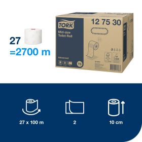 TORK 127530 – Mid–Size bezdutinkový toaletní papír T6, 2vrs., 100 m  - Karton