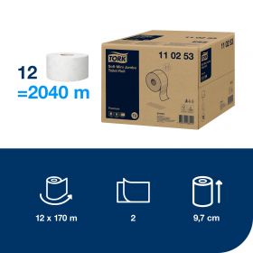 TORK 110253 – Mini Jumbo jemný toaletní papír T2, 2vr., 12 x 170m - Karton