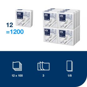 Tork 477579 – Jemné ubrousky bílé – večeře, 3 vrst., sklad 1/8, 12 x 100 ks - Karton