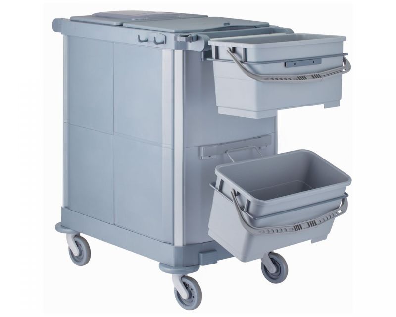 Úklidový servisní vozík MERIDA, šedý, 2x22 l box s víkem, 3x7 l vědra, úchyt na odpadkový pytel 120