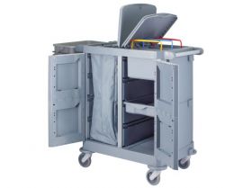 Úklidový servisní vozík MERIDA, šedý, 2x22 l box s víkem, 3x7 l vědra, úchyt na odpadkový pytel 120