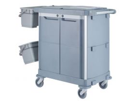 Úklidový servisní vozík MERIDA, šedý, 2x22 l box s víkem, 3x7 l vědra, úchyt na odpadkový pytel 120