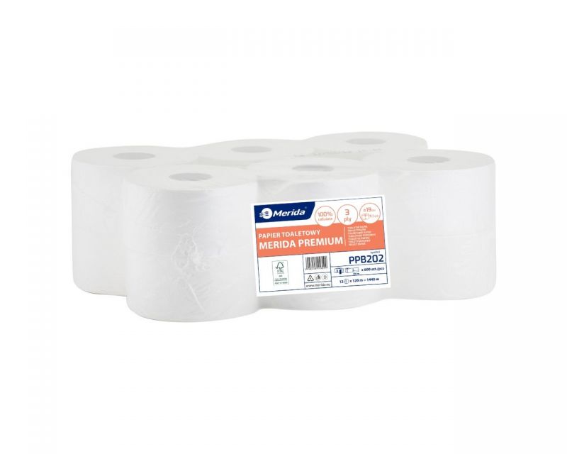 Toaletní papír Merida TOP, 19 cm, 120 m, 3-vrstvý, 100% celuloza, (12rolí/balení)